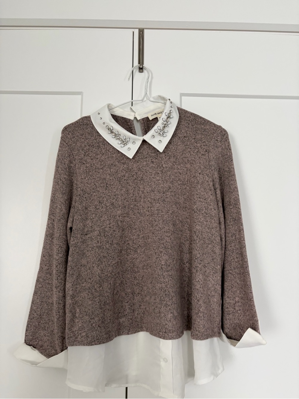 Faith and Joy Mauve Knit Sweater with Jeweled White Peter Pan Collar